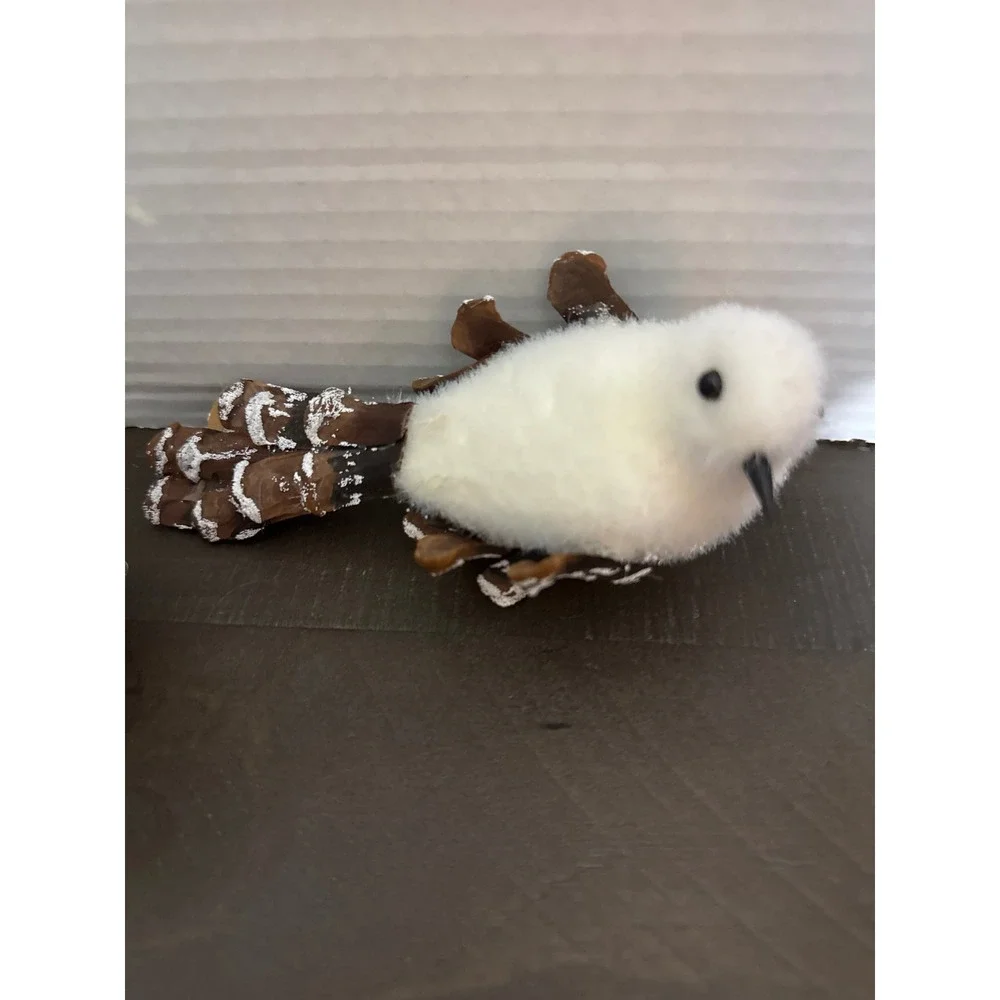 White Fuzzy Bird Christmas Ornaments with Pinecone Wings and Clips Set of 2